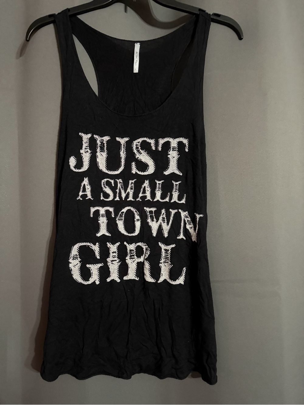 Acting Pro Black Racerback Tank with White 'Just A Small Town Girl' Graphic